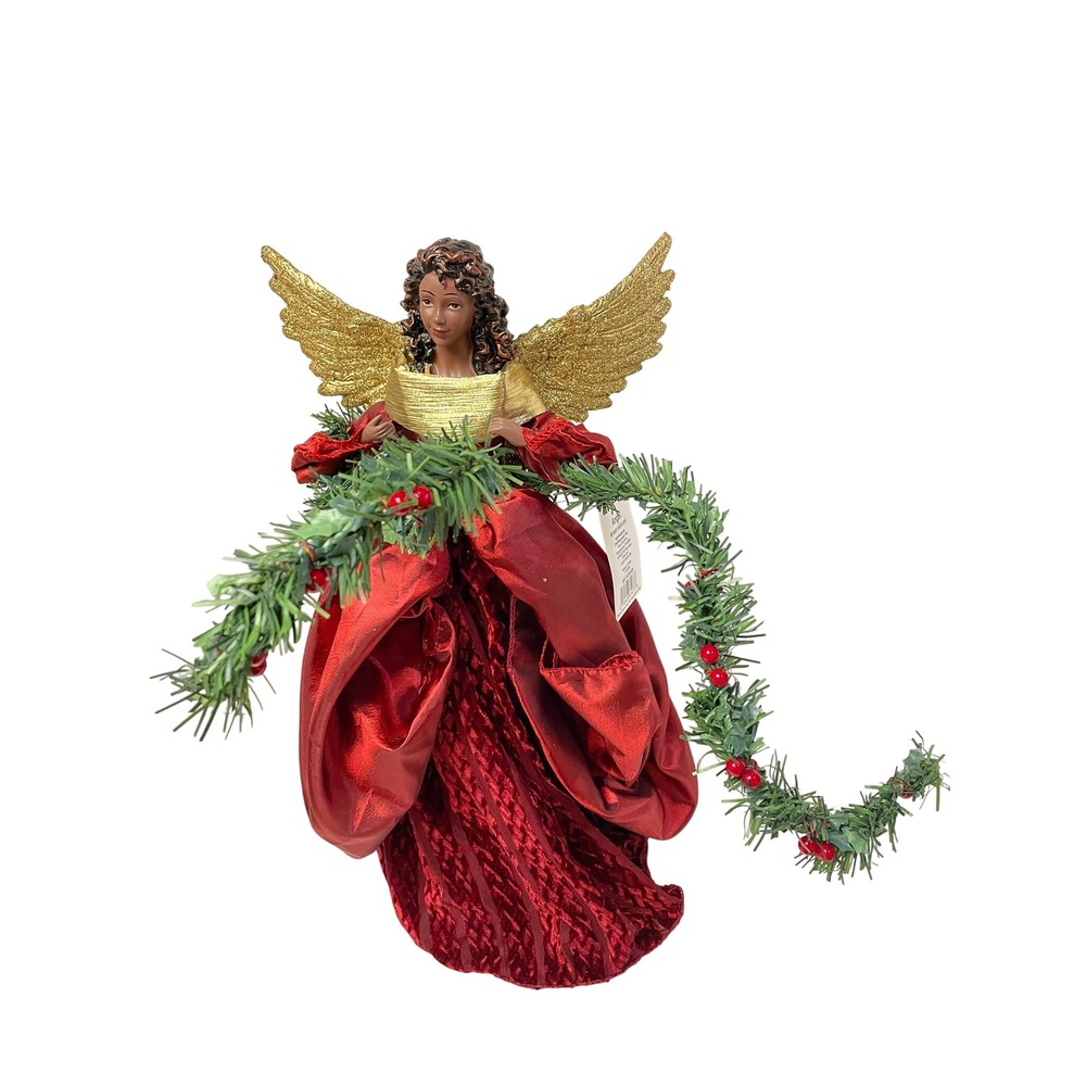 Merry Brite Angel Tree Topper 16in Red Gold Black Angel Christmas Decor 293199